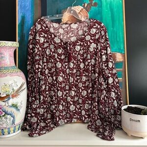 Others Follow Top Womens L Red Floral Blouse Tie Neck Long Sleeve Asymmetrical